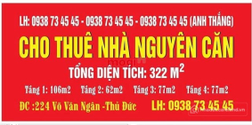 Nhà phố: Cho thuê nhà riêng 8PN, 6WC, 322m2 , Giá 100tr/Tháng tại Võ Văn Ngân