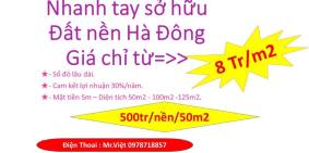 Bán 50m2 Đất Nền Hà Đông Hà Nội giá từ 10tr/1m2