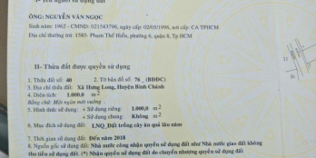 CẦN BÁN GẤP LÔ ĐẤT 1000M2 MẶT TIỀN ĐƯỜNG Ở HƯNG LONG BÌNH CHÁNH