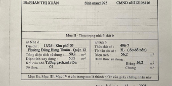 Cấn bán nhà Điện tích 4x 13,8 m 1 trệt 1 lững , Đông Hưng Thuận Q12