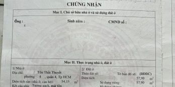 Nhà c4 58m2 (ngang 6m), hẻm ô tô sát mt Tôn Thất Thuyết, Q4. 8 tỷ