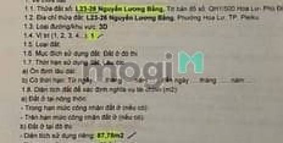 Bán đất thổ cư: Bán đất mặt tiền số 100 Nguyễn Lương Bằng, TP, Pleiku, Tỉnh Gia 