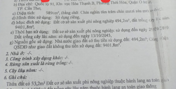 CẦN BÁN CHÍNH CHỦ ĐẤT MẶT TIỀN QUỐC LỘ 91 ( Ô MÔN, CẦN THƠ) hoa hồng 1%