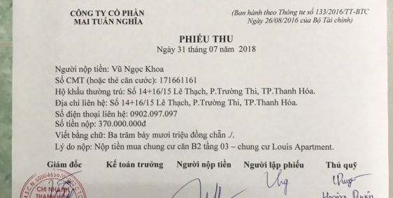 Cần nhượng lại căn hộ B2, tầng 3 chung cư cao cấp Louis Apar Thanh Hóa
