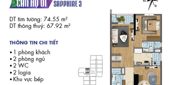 Căn hộ 2PN 68m2, tòa sapphire 3 goldmark city