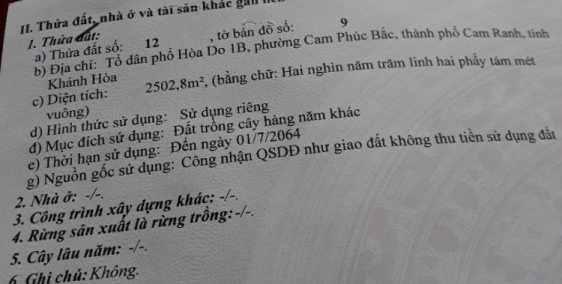 Bán Đất Chính Chủ Diện Tích 2502 m2 Tp Cam Ranh Khánh Hòa