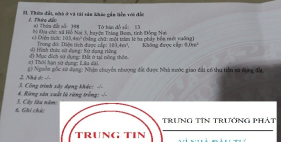 Cần bán Gấp 103,4 mét thổ cư, mặt tiền giá 1,23 tỷ tại Đồng Nai.