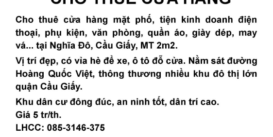 Cho thuê nhà mặt phố tiện kinh doanh tại Nghĩa Đô, Cầu Giấy