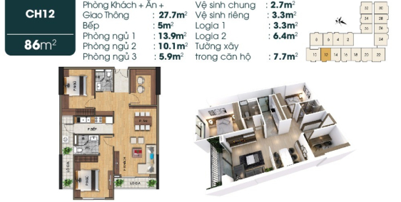 Căn hộ 2PN+1, 86m2 ban công Đông Nam tại TSG Lotus Long Biên