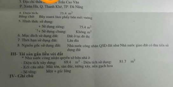 Bán nhà 2 tầng mặt tiền Trần Cao Vân quận Thanh Khê 75m2 giá tốt đầu tư