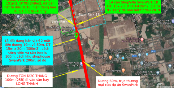 Đất SwanPark 300m2 (sổ đỏ), 2 mặt tiền trên đường số 7A(60m) trong dự án Swanpar