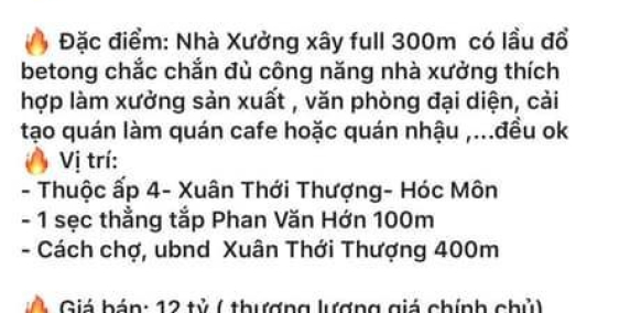 Xưởng ấp 4- Xuân Thới Thượng- Hóc Môn . Đường xe container.DT 8X37. Gía bán