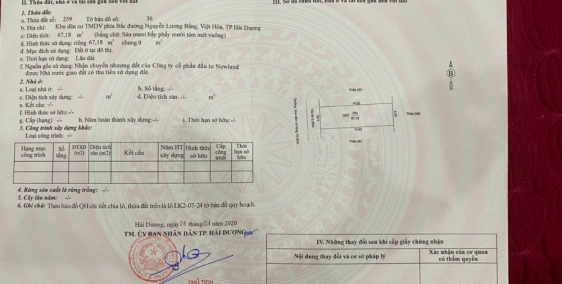 Bán đất KĐT Nguyễn Lương Bằng, TP HD, 67.18m2, mặt tiền 4.5m, đường 13.5m, có sổ