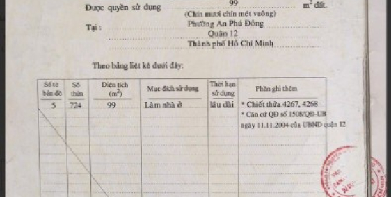Cần bán lô 100.7m2, Gần An Phú Đông 10 , Quận 12. Sổ sẵn sang tên.