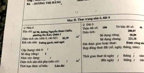 BÁN MT SỐ 98 NGUYỄN ĐÌNH CHIỂU – ĐAKAO –QUẬN 1 – 431.7M2 -241 TỶ