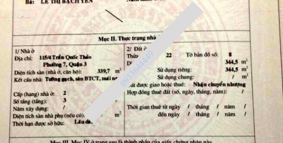 Bán Nhà 115/2 Trần Quốc Thảo, P 7, Q 3, 434,95m2, 95 tỷ - 0933644449
