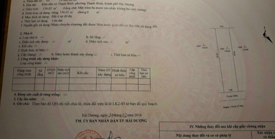 Bán đất mặt đường Bà Triệu, ph Thanh Bình, TP HD, 271m2, mt 11m, đường 17.5m, gi