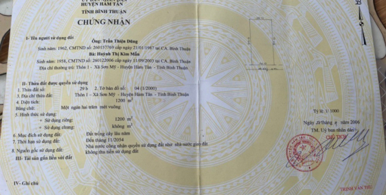 24x50 phủ hồng 100% giá chỉ 3.3tỷ đất thôn 1 xã Sơn Mỹ - Hàm Tân - Bình Thuận