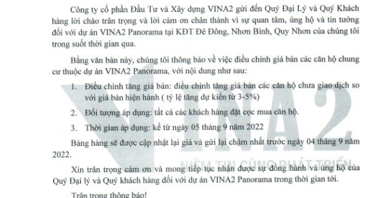 Thông Báo Tăng Giá Của Căn Hộ Vina2 Panorama