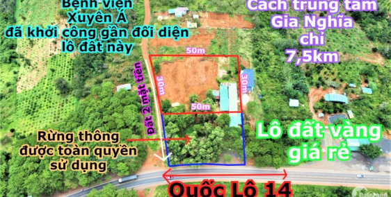 Giá rẻ Mặt tiền QL14 50x30 đang cho thuê kinh doanh, đối diện bệnh viện Xuyên Á