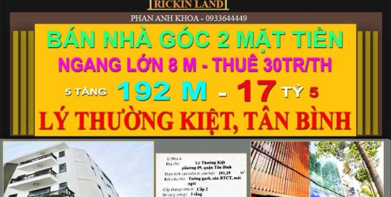 BÁN NHÀ MẶT TIỀN 2 VIEW LÝ THƯỜNG KIỆT, TÂN BÌNH, 5T, 192m, 17,5 TỶ, 0933644449