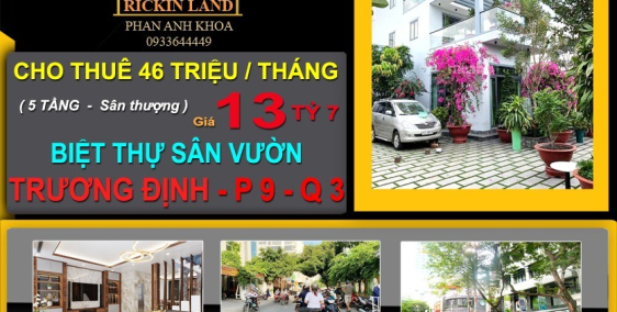 BÁN BIỆT THỰ SÂN VƯỜN HĐT45TR/TH TRƯƠNG ĐỊNH, P 9, QUẬN 3, 13 TỶ7, 0933644449