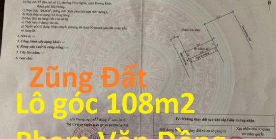 Lô góc 108m2  mặt đường Phạm Văn Đồng , Dương Kinh Hải Phòng Hơn  30 tr/m2