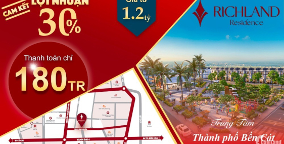 Đất nền thành phố mới bến cát 1,2 tỷ/nền, cam kết lợi nhuận 30%/ 2 năm