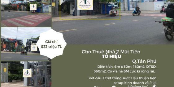 Cho thuê nhà 2 Mặt Tiền Tô Hiệu 180m2,1Lầu, 23 triệu, cạnh trường THPT