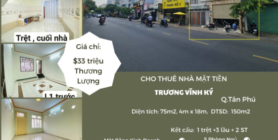 Cho thuê nhà mặt tiền Trương Vĩnh Ký  75m2, 3Lầu+2ST, 33Triệu - Khu SẦM UẤT