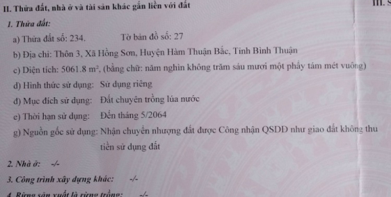 Bán 1 mẫu đất có thổ cư, mặt tiền đường quốc lộ 1A, xã hồng sơn hàm thuận bắc