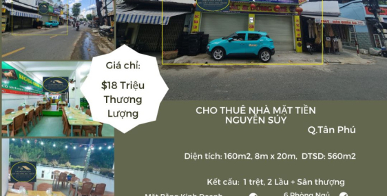 Cho thuê nhà mặt tiền Nguyễn Súy 160m2, 2Lầu+ST, 30Triệu