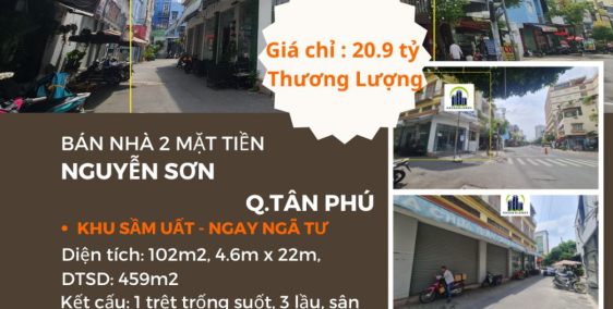 BÁN GẤP nhà 2 Mặt tiền Nguyễn Sơn 102m2, 3 Lầu+ST - DÒNG TIỀN 55TR/TH