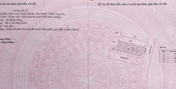 Bán lô đất thổ cư 2 mặt tiền đường nhựa, 134m2. Cách KCN Cầu Tràm 5 phút.